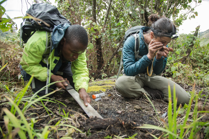 Flavia Esteves and Caswell Munyai in Mt. Namuli's pocket forest. JAMES Q MARTIN PHOTO.