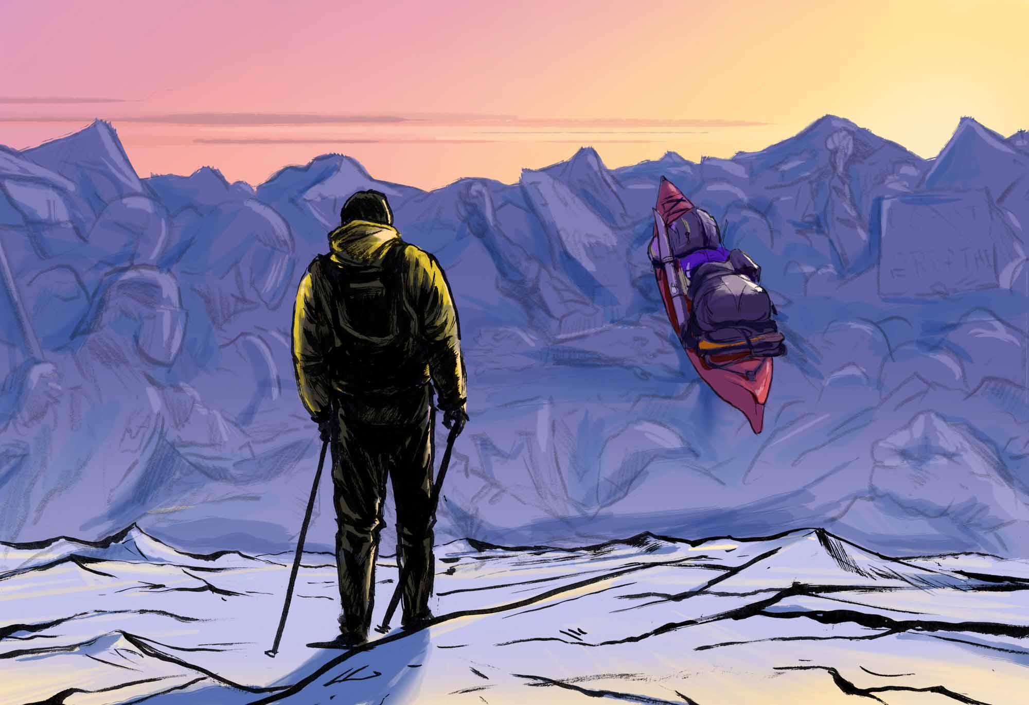 Bumps-and-Barriers-How-to-Navigate-the-Long-Strange-Trip-Dave-Barnes-illustration-kayak-in-ice