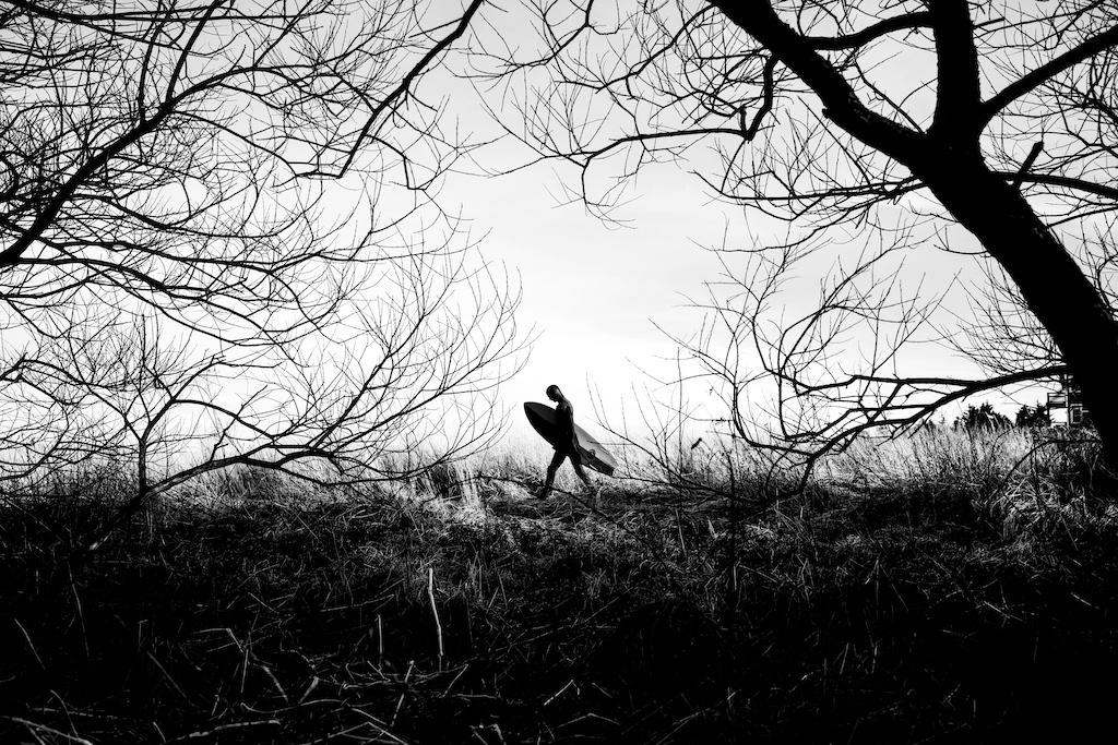 Boards-Blizzards-Winter-Surfing-Nova-Scotia-carrying-board-through-trees-photo-by-Marcus-Palladino