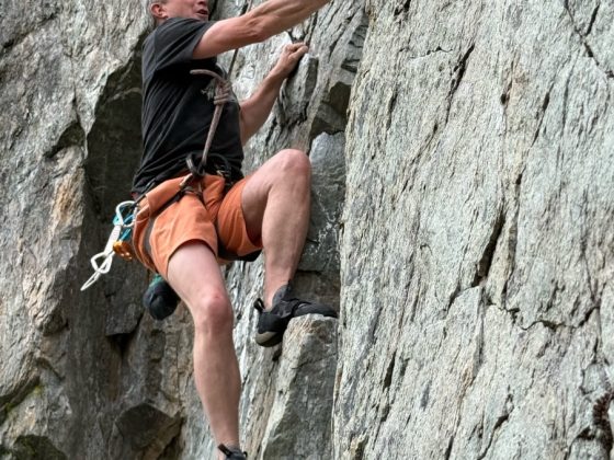 Black Diamond Momentum climbing shoes being tested by rock climber