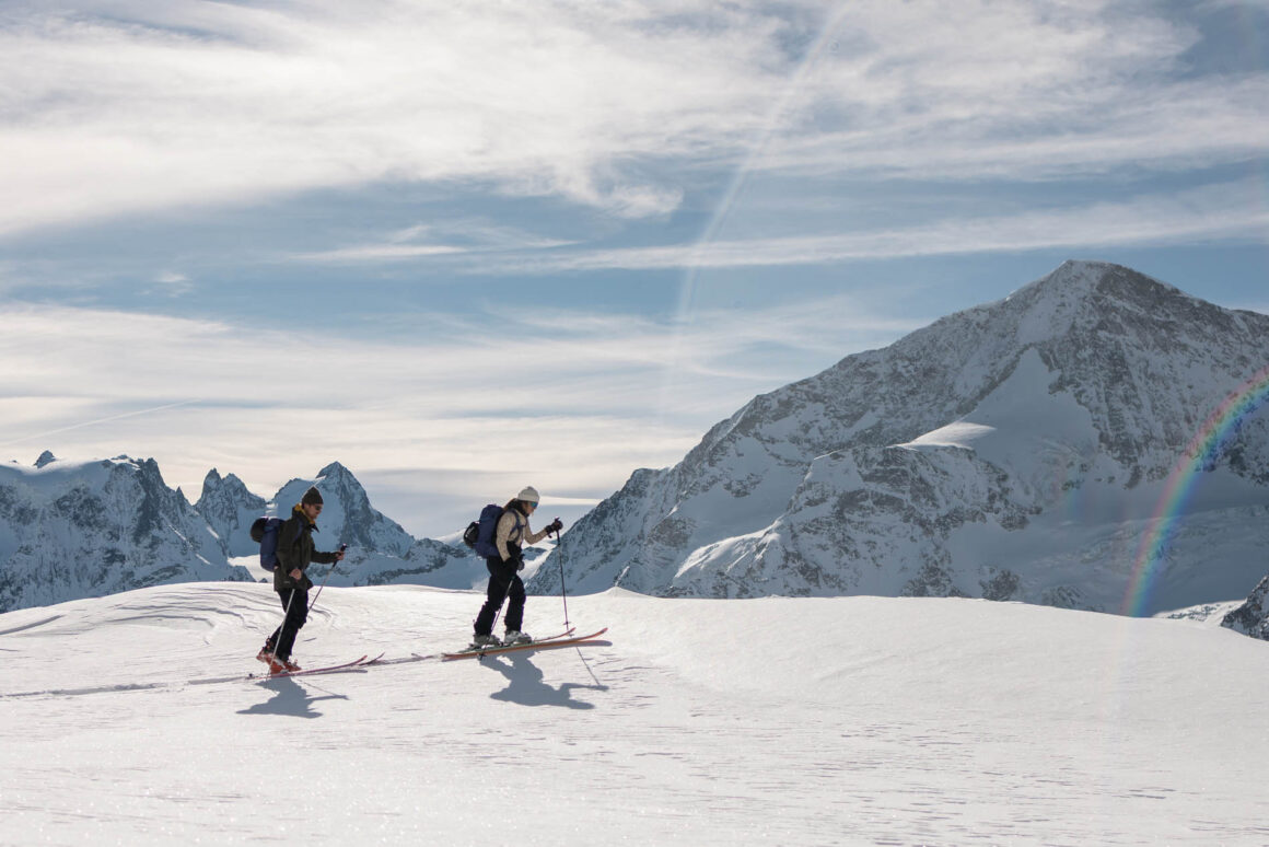 Two skiers in Chamonix, a still from a Guide Book by Rab