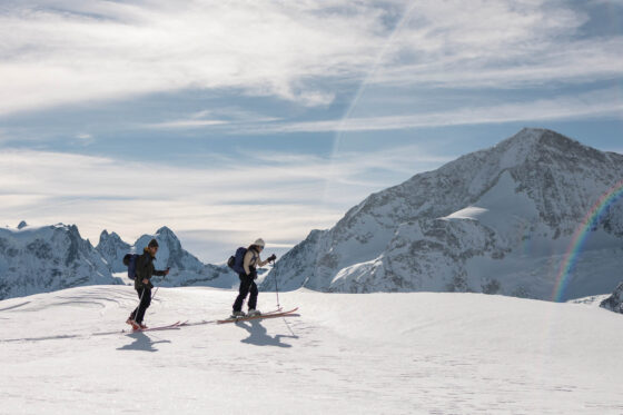 Two skiers in Chamonix, a still from a Guide Book by Rab