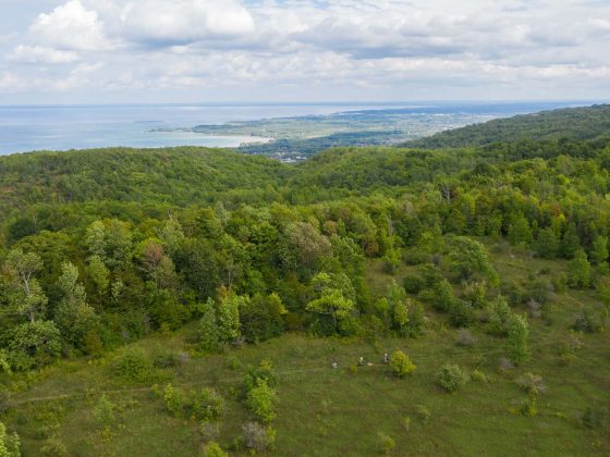 Drone view of mountain bikers at Loree Forest near Blue Mountain Ontario