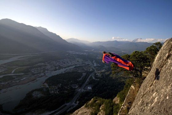 Dean Potter soaring off Pan Wall Squamish BCREV