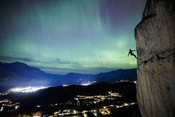 climbing in BC during northern lights